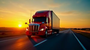 Red Semi Truck on road with sunset, Transportation Insurance Experts at CIS for your Commercial Truck Insurance
